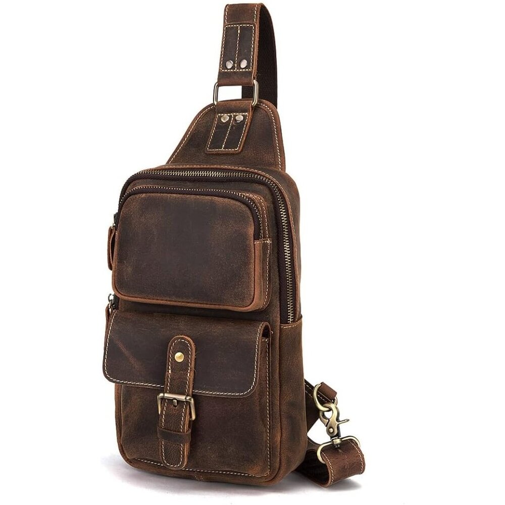 ✨Le'aokuu Men Brown Casual Travel Hiking Chest Bag Rig One Shoulder Strap Bags